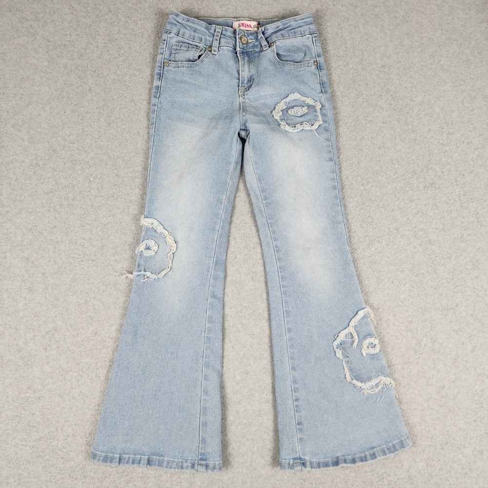 1st Kiss Jeans Girls W22 Blue Denim Flare Distressed Y2K Boho Streetwear Grunge
